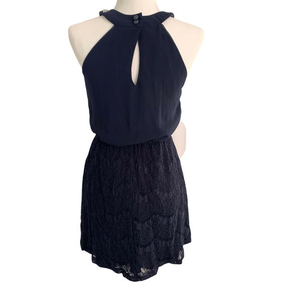 Blue Rain Womens Mini Dress Small Pearls Blue Beaded Lace Fit And Flare Halter - Picture 2 of 12